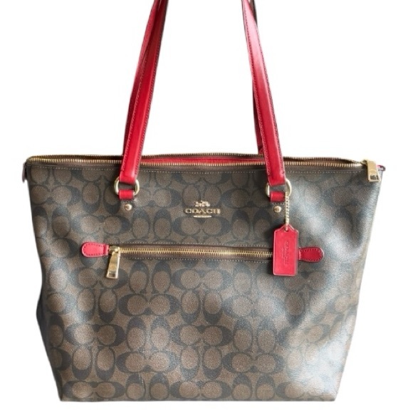 Coach Brown Signature Tote with Red Handles - Picture 6 of 9